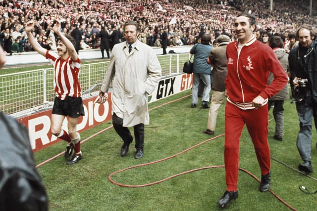 Sunderland captain Bobby Kerr and manager Bob Stokoe celebrate after their 1-0 victory over Leeds United in the 1973 FA Cup Final at Wembley Stadium on May 5, 1973.