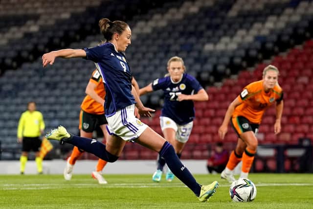 Scotland's Caroline Weir saw her penalty saved. Picture: Andrew Milligan/PA.