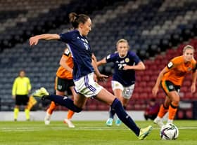 Scotland's Caroline Weir saw her penalty saved. Picture: Andrew Milligan/PA.