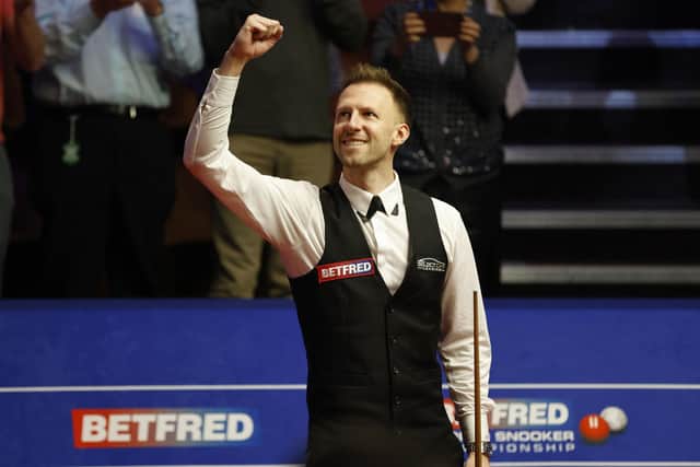 Judd Trump reacts after beating Mark Williams to reach the final during day fifteen of the Betfred World Snooker Championship at The Crucible, Sheffield. Richard Sellers/PA Wire.