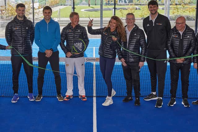 Pictured at the opening are, left to right: Alastair Gordon (Game4Padel), Colin Fleming, Michael Gradon, Annabel Croft, Peter Gordon, Vincent Hivert, Jim McMahon. Picture: Andy Mather