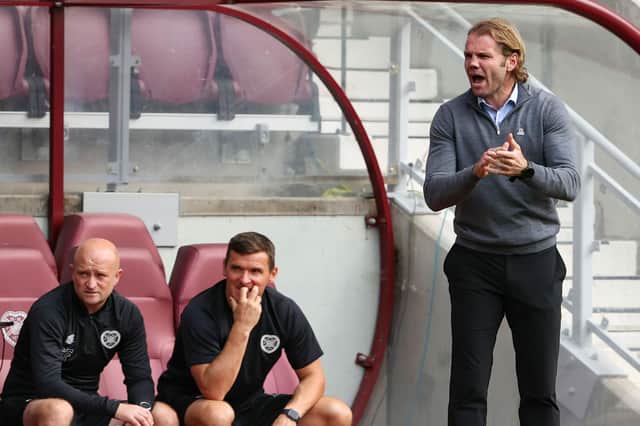 Hearts manager Robbie Neilson with coaches Lee McCulloch (centre) and Gordon Forrest against Livingston.