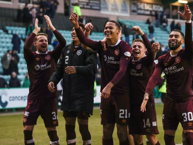 Toby Sibbick, centre, leads the celebrations after full-time as Hearts defeat Hibs 3-0 in the fourth round of the Scottish Cup. Picture: SNS