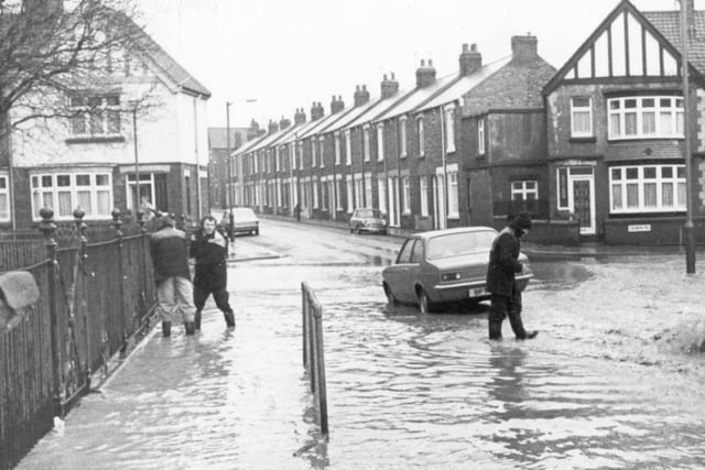 Flooding in Brinkburn Road around 40 years ago.