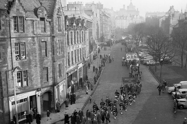 Pictured is a miners protest rally about pit closures on the Grassmarket as workers made their way towards the Usher Hall on Lothian Road in January 1962.