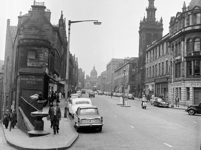 The corner where George IV Bridge meets Chambers Street and Candlemaker Row in 1965 - Greyfriars Bobby statue to left of picture.