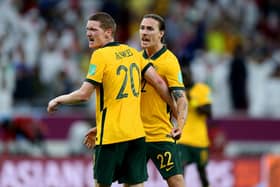 Former Hibs player Jackson Irvine celebrates with new Hearts defender Kye Rowles after Australia's victory in the World Cup play-off semi final against United Arab Emirates and in Qatar. Picture: Mohamed Farag/Getty