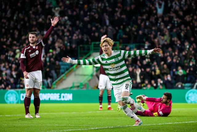 Celtic’s Kyogo celebrates after scoring to make it 1-0 against Hearts.