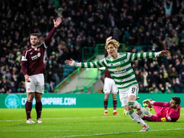 Celtic’s Kyogo celebrates after scoring to make it 1-0 against Hearts.