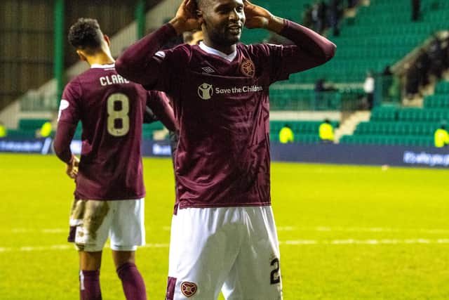 Clevid Dikamona was acclaimed by the Hearts fans for his performance against Hibs. Picture: SNS