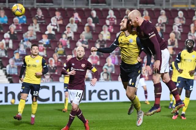 Liam Boyce scores his first of the day to put Hearts 2-0 up just before the half. Picture: SNS