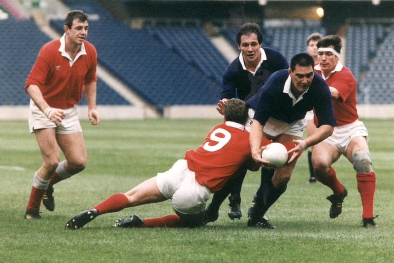 Dale McIntosh scores his second try. Behind is colleague Iain Morrison playing for the Blues in the Scotland trials match in 1993.