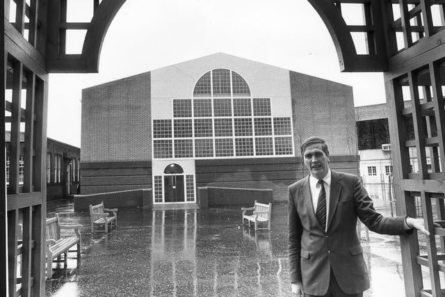 Gordon Munro, former head teacher at Tynecastle High School, Edinburgh and Beath High, Cowdenbeath, pictured at the Gorgie school in the 1980s in front of the recently built sports games hall at the school.