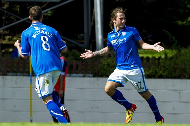 Stevie May celebrates for St Johnstone after scoring the only goal of the game as a very young Hearts side, playing with a 15-point deduction for going into administration, begin what would prove to be a very tough campaign for the club.