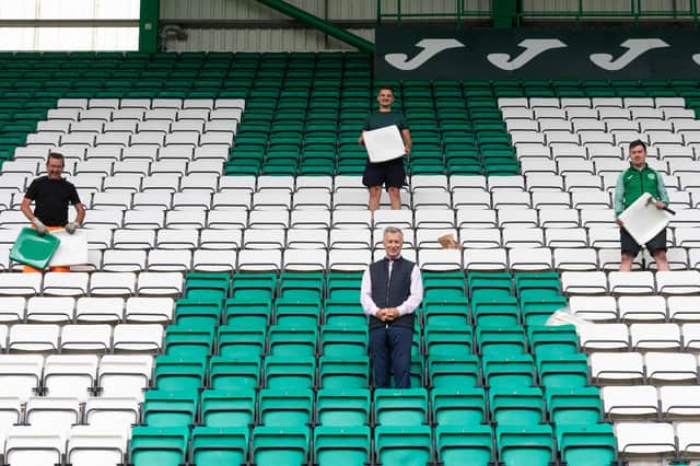 Hibs chairman Ron Gordon at Easter Road for the latest stage of the stadium refresh which includes the introduction of an HFC pattern on the seats in the East Stand.  Photo by Mark Scates / SNS Group