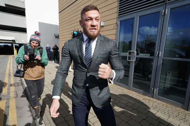 Conor McGregor leaving Blanchardstown Court, Dublin, where he is charged with dangerous driving in relation to an incident in west Dublin in March. Picture date: Thursday April 7, 2022.