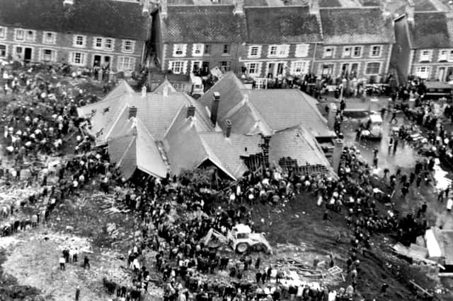 The scene at Aberfan, Glamorgan, after a man-made mountain of pit waste slid down onto Pantglas School (Picture: PA)