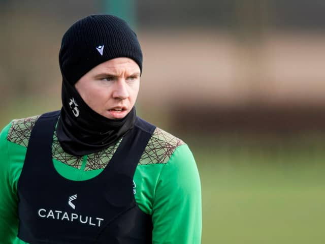 Kevin Nisbet, whose proposed switch to Birmingham City failed to materialise, trained with his Hibs team-mates ahead of their Tuesday night league match against St Mirren. Photo by Mark Scates / SNS Group