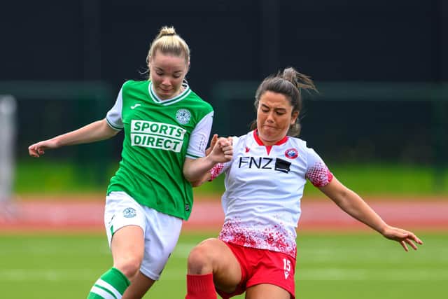 Caley Gibb tackles Abbie Ferguson. Credit: (© ScottishPower Women’s Premier League | Malcolm Mackenzie)
