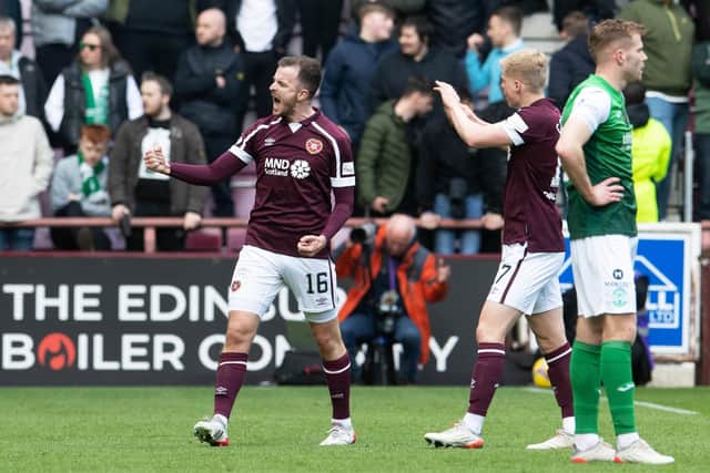 Andy Halliday celebrates scoring the first of his two goals for Hearts against Hibs.