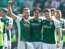 Chris Cadden, Joe Newell and Kevin Nisbet celebrate after the most recent Edinburgh derby victory over Hearts. Picture: SNS