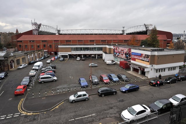 This photo taken in 2011, gives a bird's eye view of Hearts' Tynecastle Park Stadium in Gorgie, showing the now demolished adult learning centre in the foreground, which made way for the new main stand.