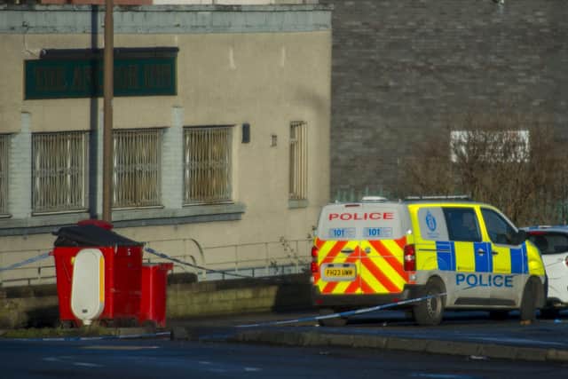 The scene outside The Anchor Inn, West Granton Road on New Years Day after the fatal shooting of Marc Webley. Photo by Lisa Ferguson.