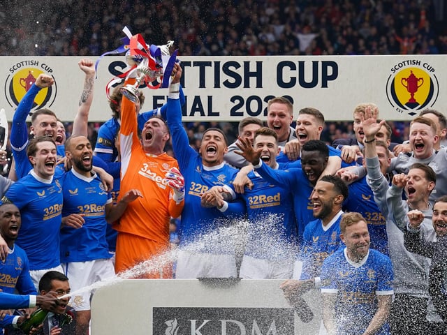 Rangers' James Tavernier lifts the Scottish Cup during the Scottish Cup final at Hampden Park