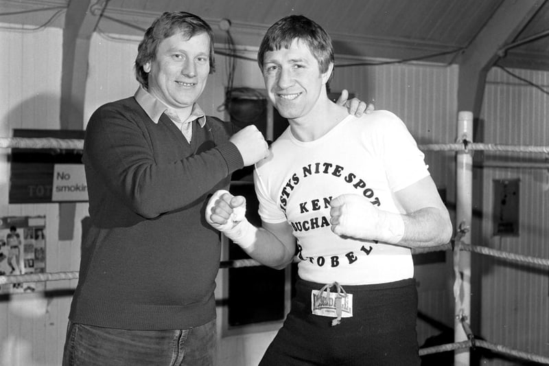 Ken Buchanan (right) with Eddie Ramsay at Sparta boxing club in Edinburgh, February 1983, preparing for his fight against Johnny Claydon.