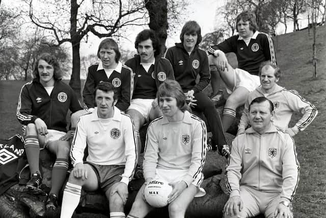 Scotland players (back L/R) Des Bremner, John Brownlie, Willie Miller, Kenny Dalglish, John Blackley and (front L/R) Danny McGrain, Alan Rough, manager Willie Ormond and coach Hugh Allan, pictured a gathering long after the 1974 World Cup disappointment. Photo by SNS Group
