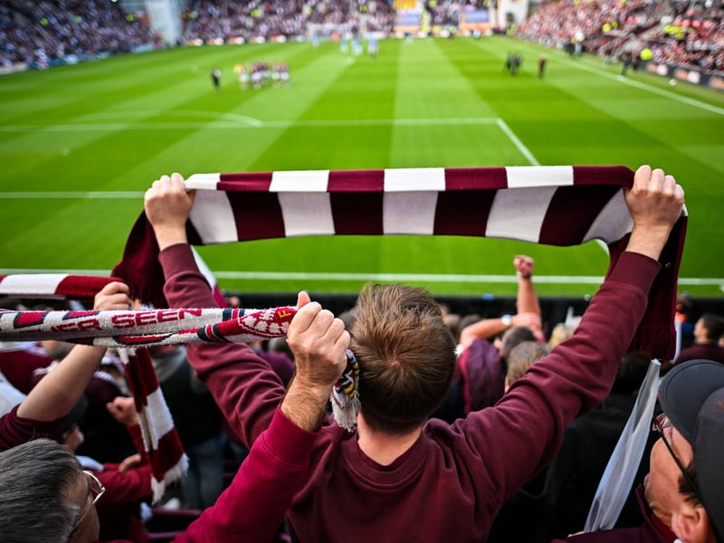 Hearts fans react before the start of the match  (Photo by ANDY BUCHANAN / AFP via Getty Images)