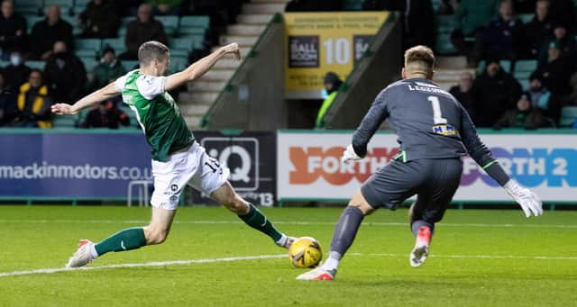 Jamie Murphy misses a second-half chance for Hibs in the 1-0 victory over Dundee. Picture: SNS