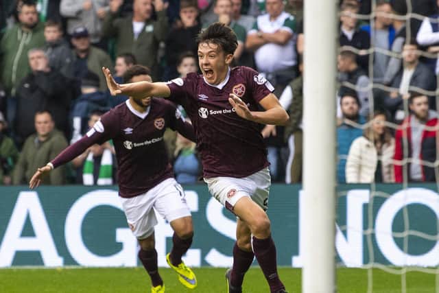 Aaron Hickey celebrates after scoring to make it 2-1 against Hibs at Easter Road in September 2019. Picture: Ross Parker /