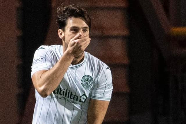 Hibs' midfielder Joe Newell shows his surprise at opening the scoring against Dundee United in Thursday night's Premier Sports Cup quarter final. Photo by Paul Devlin/SNS Group