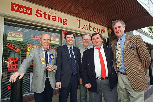 Paul Nolan, with the red tie, at an election celebration with late Evening News columnist John Gibson, with the blue rosette, former Edinburgh East Labour MP Gavin Strang, constituency agent Jim Baird, and councillor David Brown.  Picture: Tina Norris.