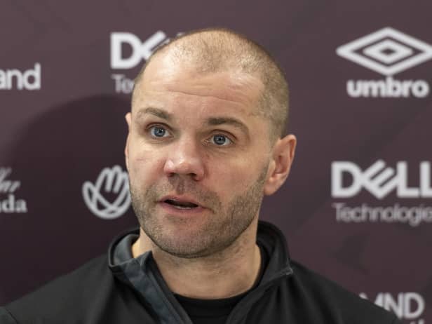 Hearts manager Robbie Neilson speaks to the media at Oriam. Picture: Mark Scates / SNS