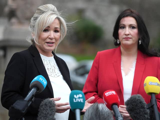 First Minister Michelle O'Neill (left) and Deputy First Minister Emma Little-Pengelly during a press conference at Stormont Castle, Belfast, following the restoration of the power sharing executive. Picture: Oliver McVeigh/PA Wire