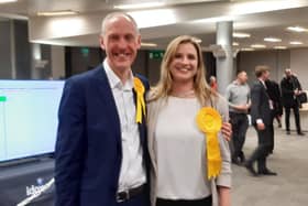 Edinburgh Lib Dem group leader Kevin Lang with newly-elected councillor Fiona Bennett at the by-election count.