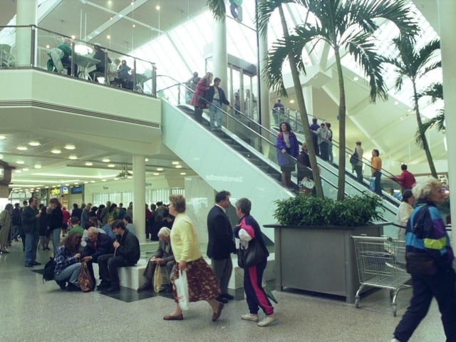 The Gyle shopping centre opens in October 1993 - people shopping (note shell suits!)