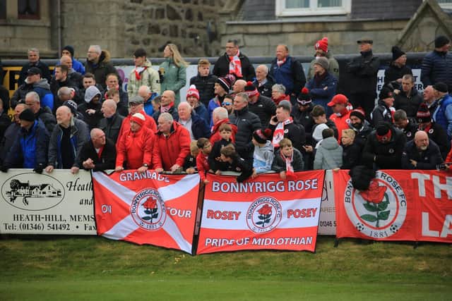 A section of the Bonnyrigg Rose support at Fraserburgh on Saturday. Boss Robbie Horn says they'll be vital to the play-off final cause. Picture: Joe Gilhooley LRPS
