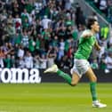 Joe Newell celebrates after scoring the opener for Hibs in the first leg of their Europa Conference League third qualifying round tie against Luzern of Switzerland. Picture: Ross Parker / SNS Group