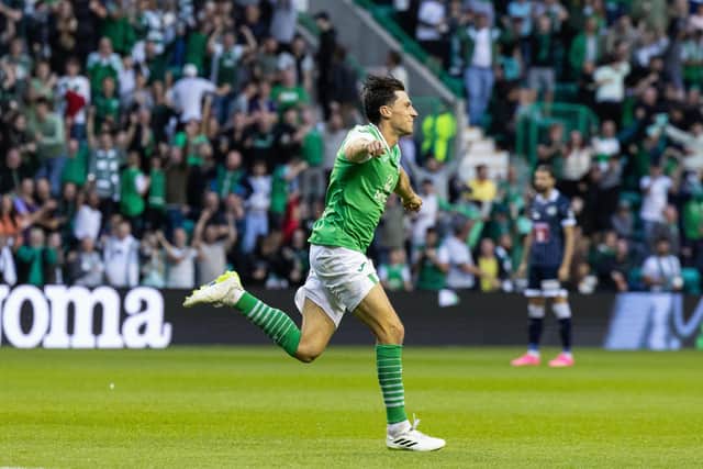 Joe Newell celebrates after scoring the opener for Hibs in the first leg of their Europa Conference League third qualifying round tie against Luzern of Switzerland. Picture: Ross Parker / SNS Group