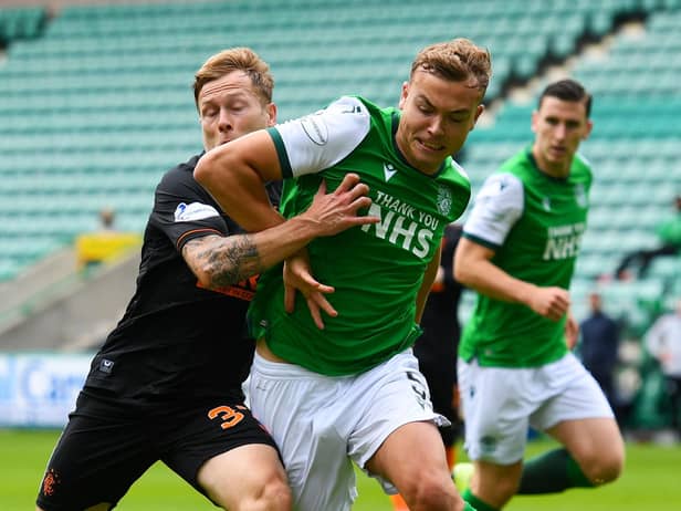 Ryan Porteous gets the better of Scott Arfield during Hibs' 2-2 draw with Rangers.