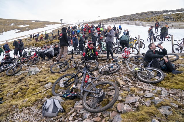 Cyclists wait near the start line before competing in MacAvalanche. Jane Barlow/PA Wire