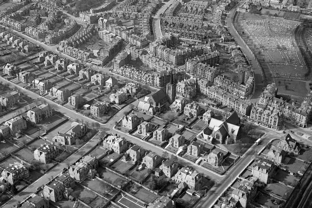 A view of Morningside showing the area along Comiston Road. Cluny Church is at the bottom right of the photograph.
