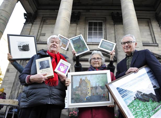 Renowned author Bernard MacLaverty, artist Carola Gordon and Edinburgh-based illustrator Iain McIntosh help launch the annual Sale of Pictures and Books at St Andrew’s and St George’s West Church.  Picture: Colin Hattersley.