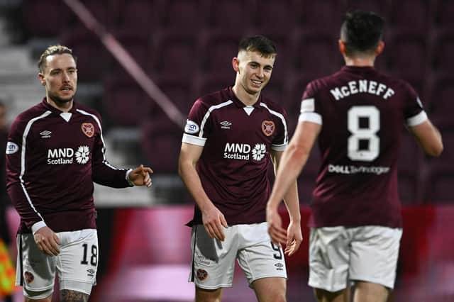A happy Ben Woodburn after the Hearts attacker doubled his side's advantage. Picture: SNS
