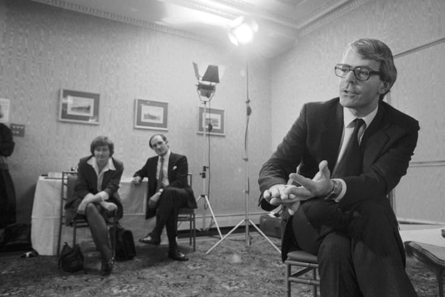Conservative MP John Major holds a press conference in the George Hotel in April 1988.