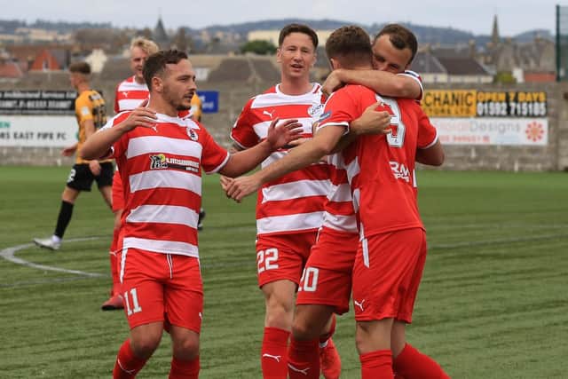 Bonnyrigg Rose celebrate Neil Martyniuk’s penalty puts them two up. Picture: Joe Gilhooley LRPS