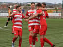 Bonnyrigg Rose celebrate Neil Martyniuk’s penalty puts them two up. Picture: Joe Gilhooley LRPS
